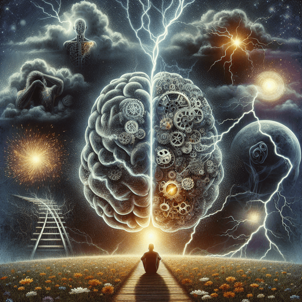 Surreal digital artwork of a human brain with gears and lightning, symbolizing anxiety, thoughts, and mental processes.