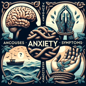 Illustration showing a brain, raised hands, and ocean waves symbolizing anxiety causes, symptoms, and ways to manage.